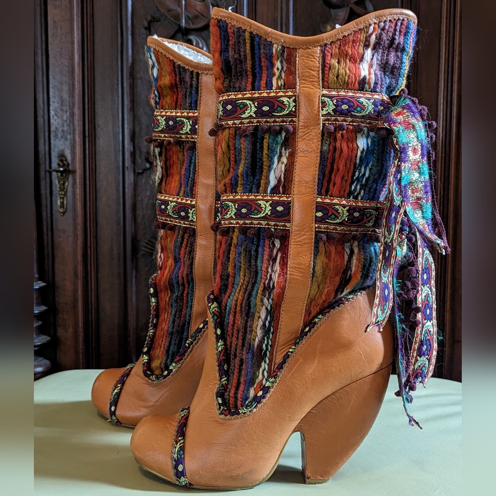 Irregular Choice Tan Leather & Multicolor Striped Heeled Boots